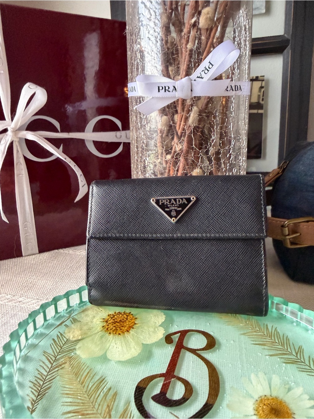 Prada Black Saffiano Mini Wallet with Triangle Logo